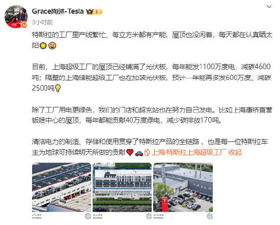 特斯拉副总裁陶琳：特斯拉上海超级工厂屋顶已铺满光伏板，每年发1100万度电，减碳4600吨！隔壁储能超级工厂也在加装光伏板